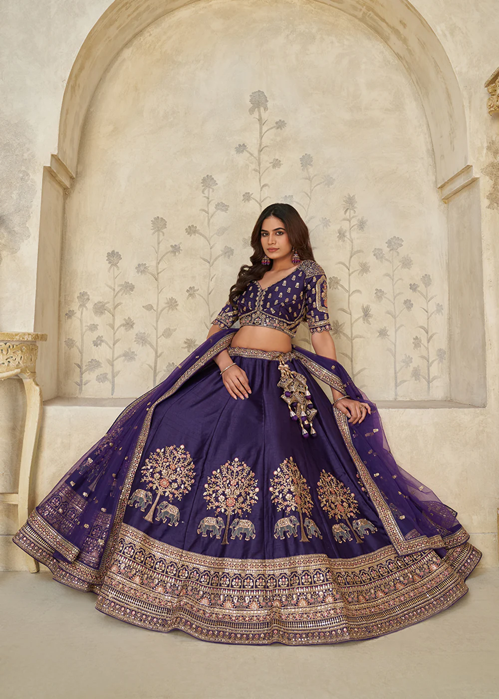 Purple Elephant Zari Embroidered Bridal Lehenga Choli - Image 4