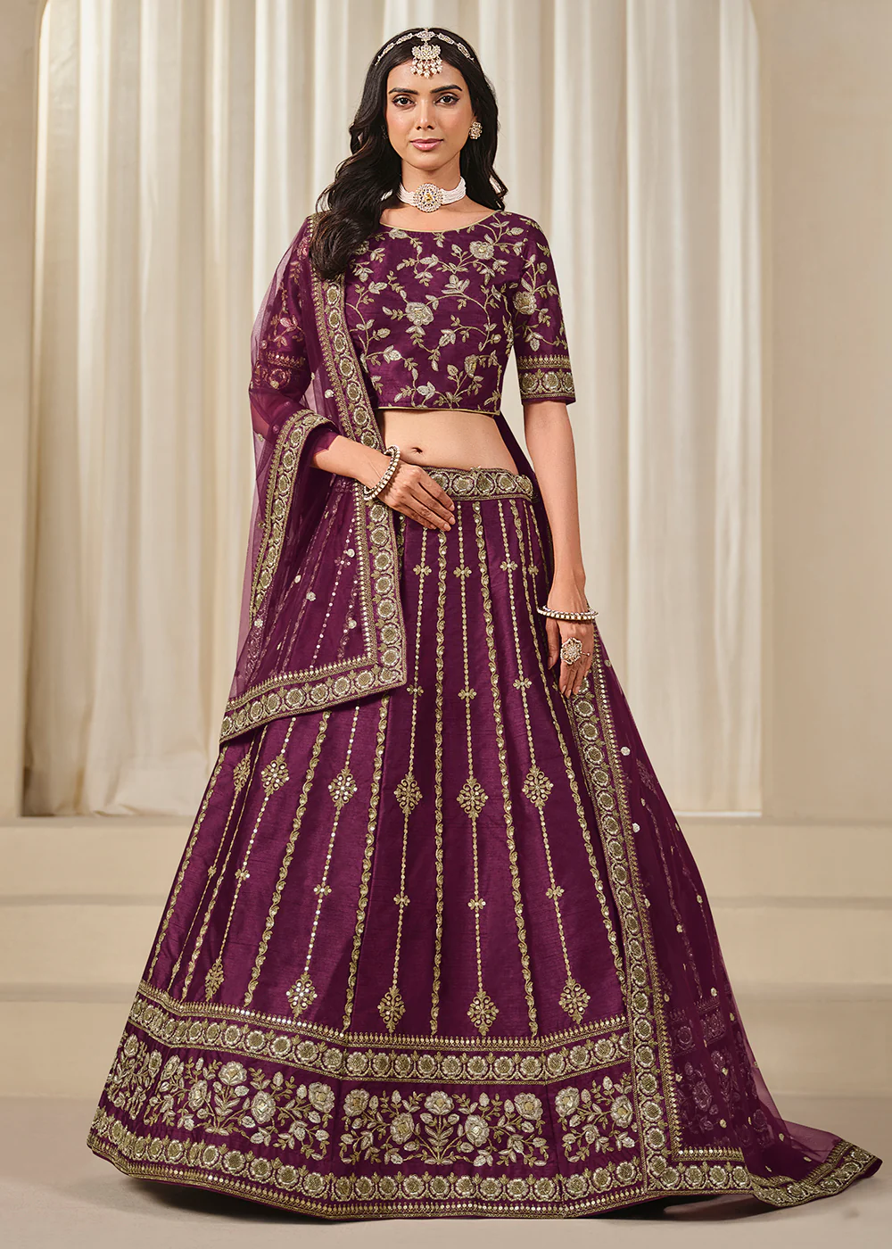 Purple Embroidered Art Silk Wedding Lehenga Choli