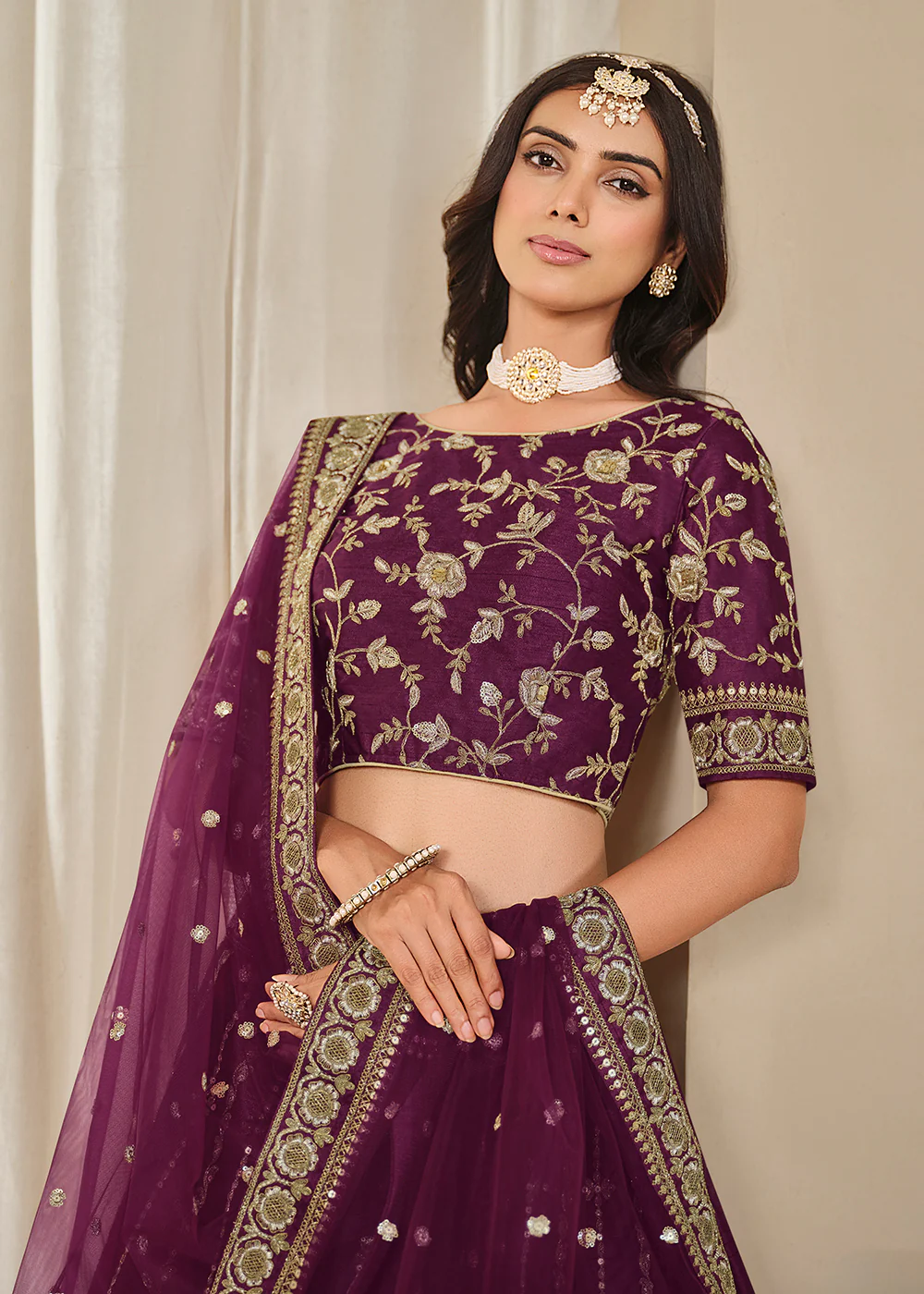 Purple Embroidered Art Silk Wedding Lehenga Choli - Image 2