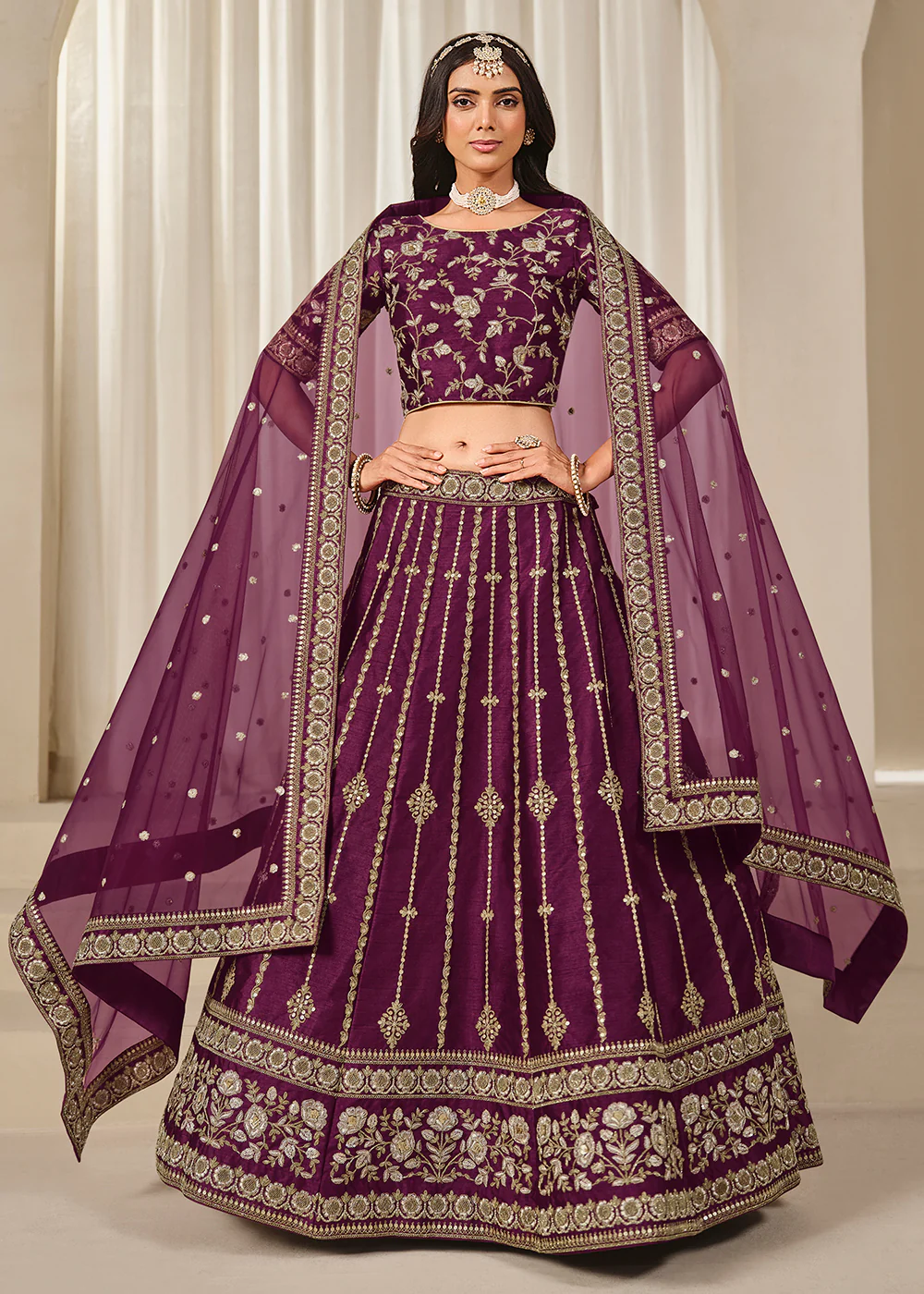 Purple Embroidered Art Silk Wedding Lehenga Choli - Image 4