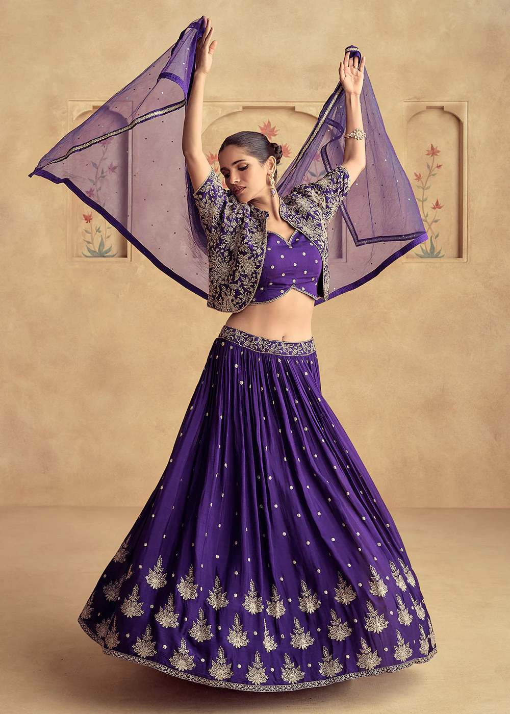 Purple Embroidered Chinnon Wedding Party Lehenga Dress - Image 3