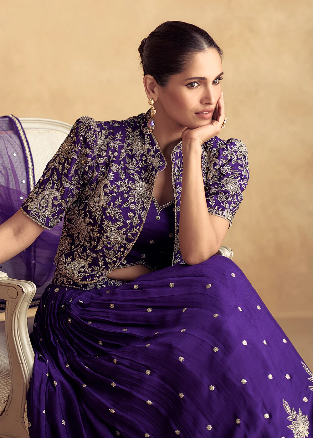 Purple Embroidered Chinnon Wedding Party Lehenga Dress - Image 4