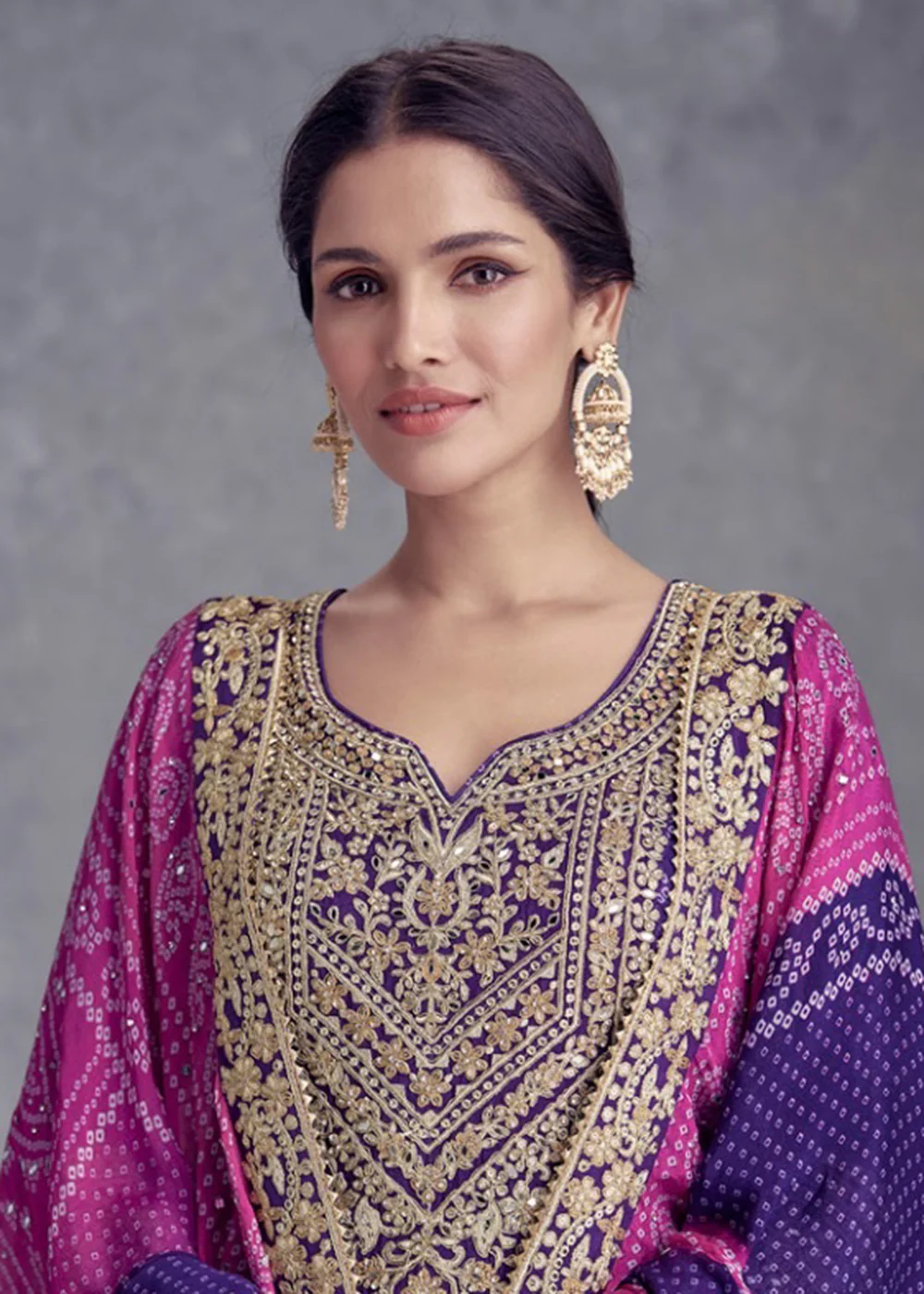 Purple Embroidered Chinnon Wedding Style Palazzo Suit - Image 2