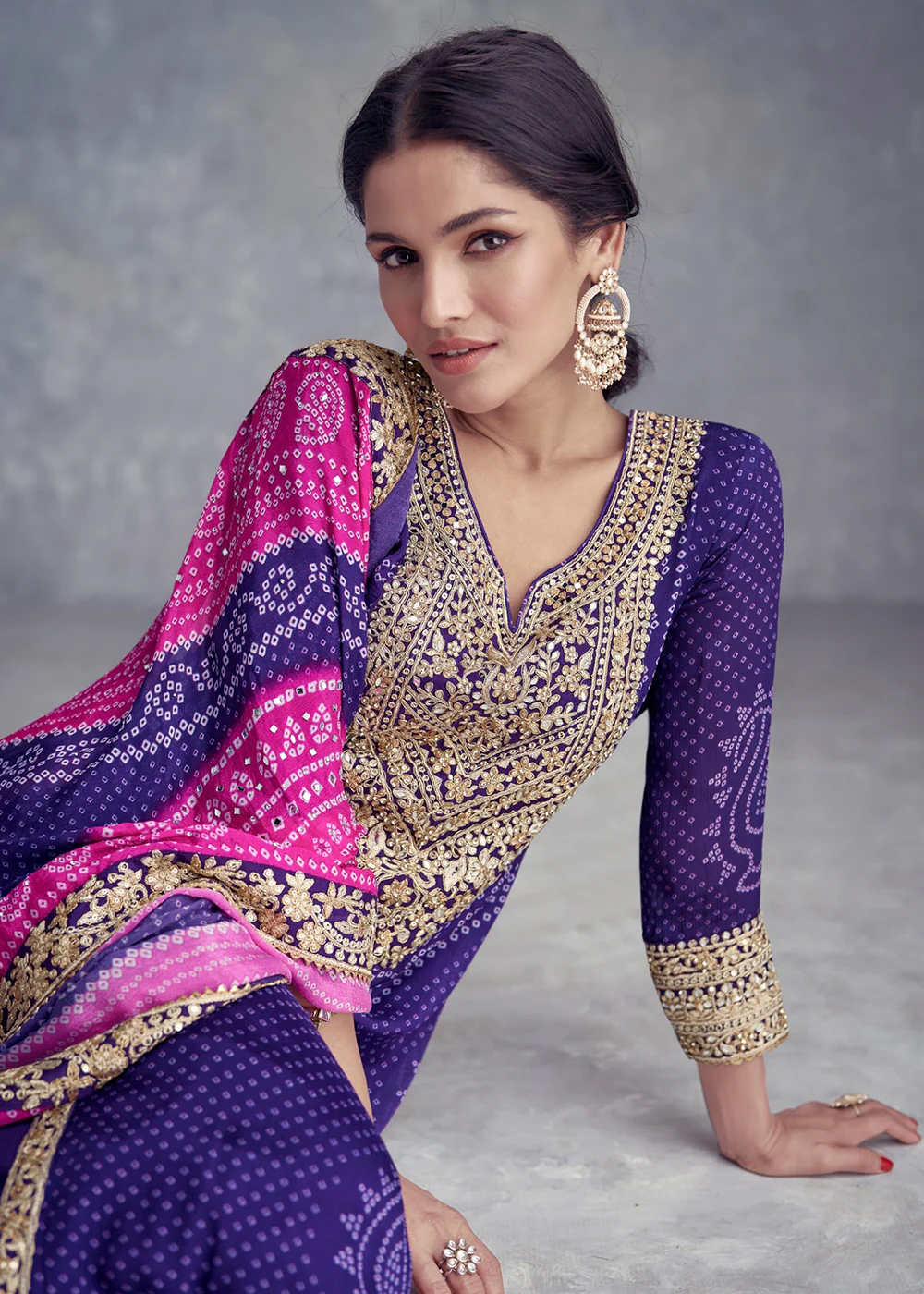 Purple Embroidered Chinnon Wedding Style Palazzo Suit - Image 4