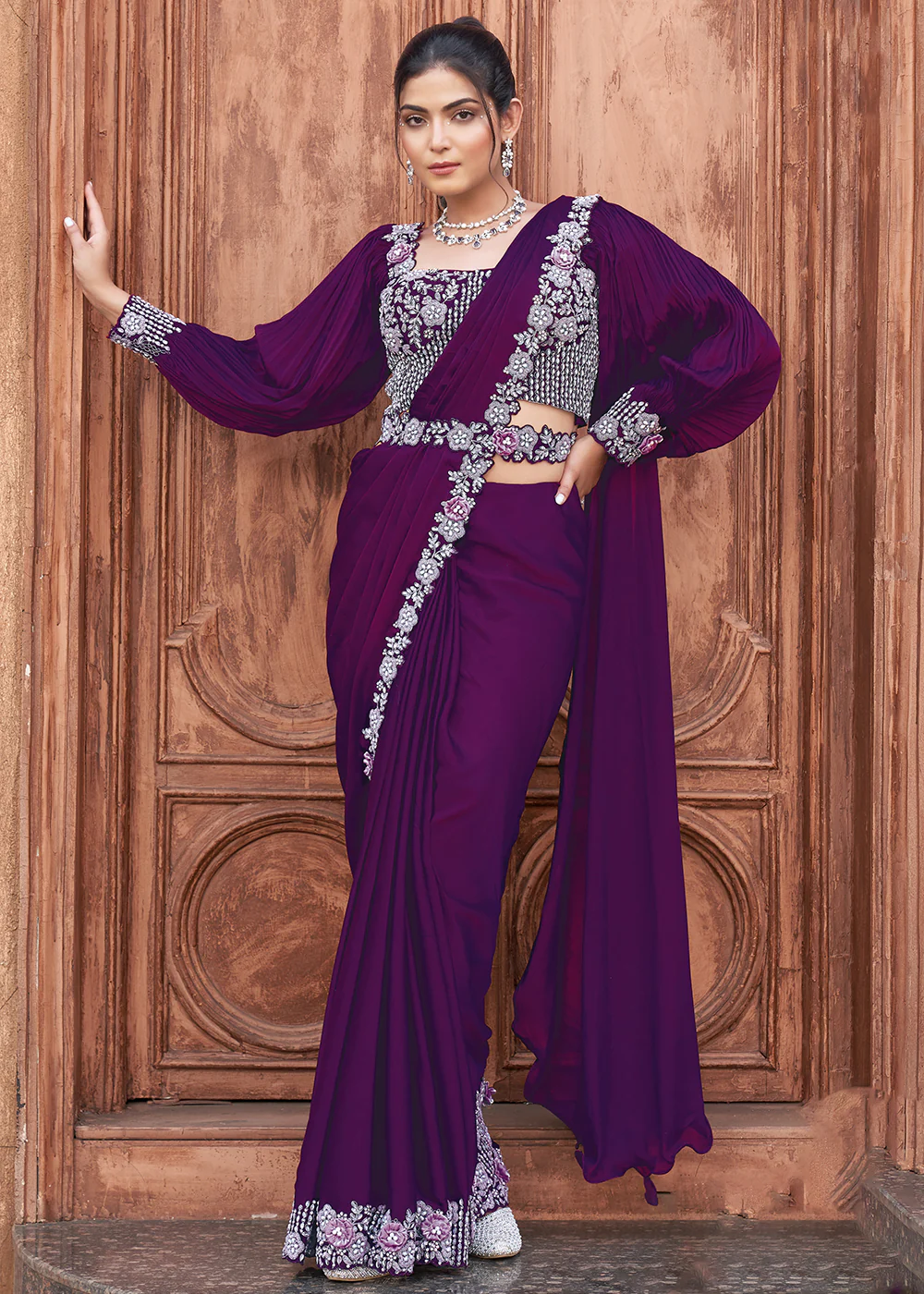 Purple Embroidered Designer Ready to Wear Saree