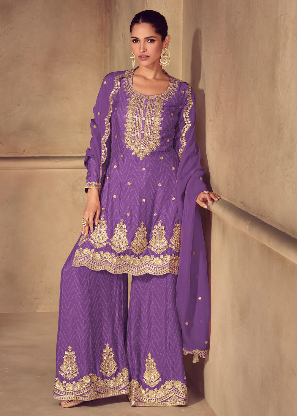 Purple Embroidered & Digital Printed Palazzo Suit