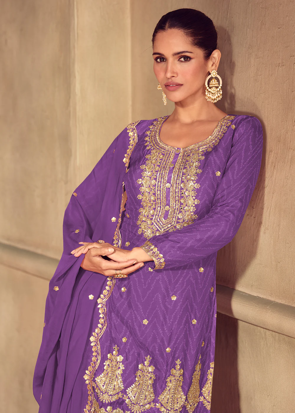Purple Embroidered & Digital Printed Palazzo Suit - Image 2