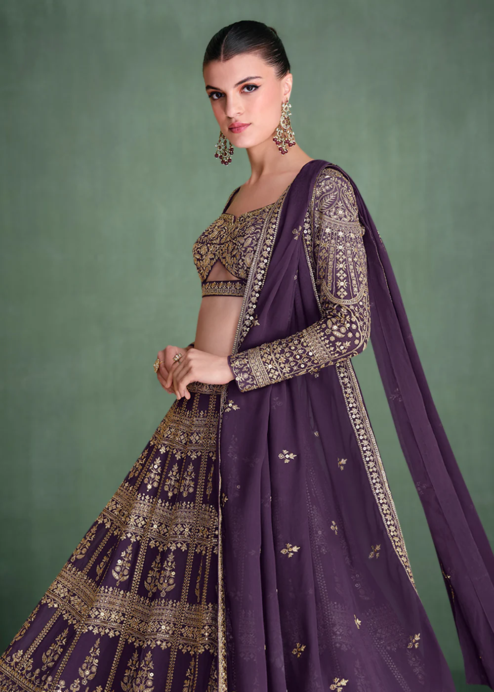 Purple Embroidered Georgette Designer Party Style Lehenga Choli - Image 5