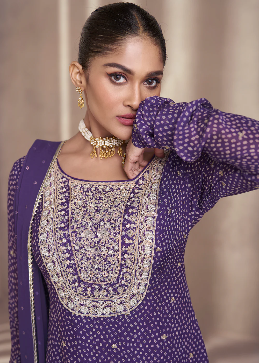 Purple Embroidered Georgette Designer Sharara Suit - Image 2