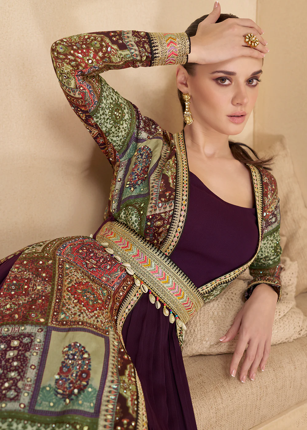 Purple Embroidered Georgette Shrug Style Anarkali Suit - Image 2