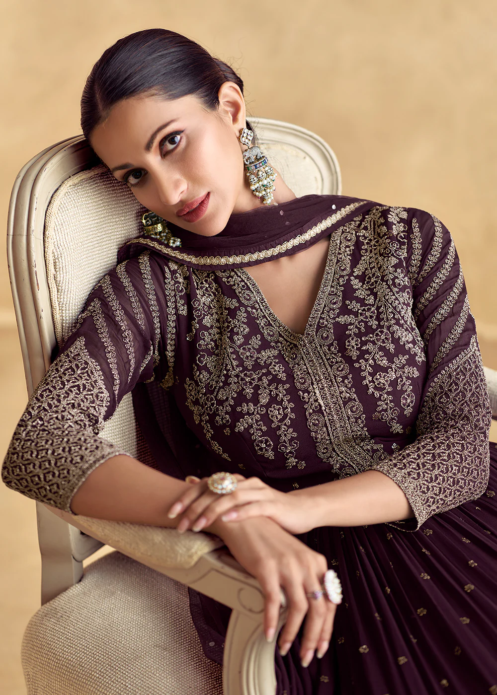 Purple Embroidered Georgette Wedding Party Anarkali Suit - Image 2