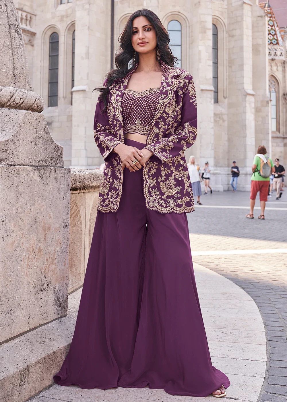 Purple Embroidered Jacket Style Indo Western Suit