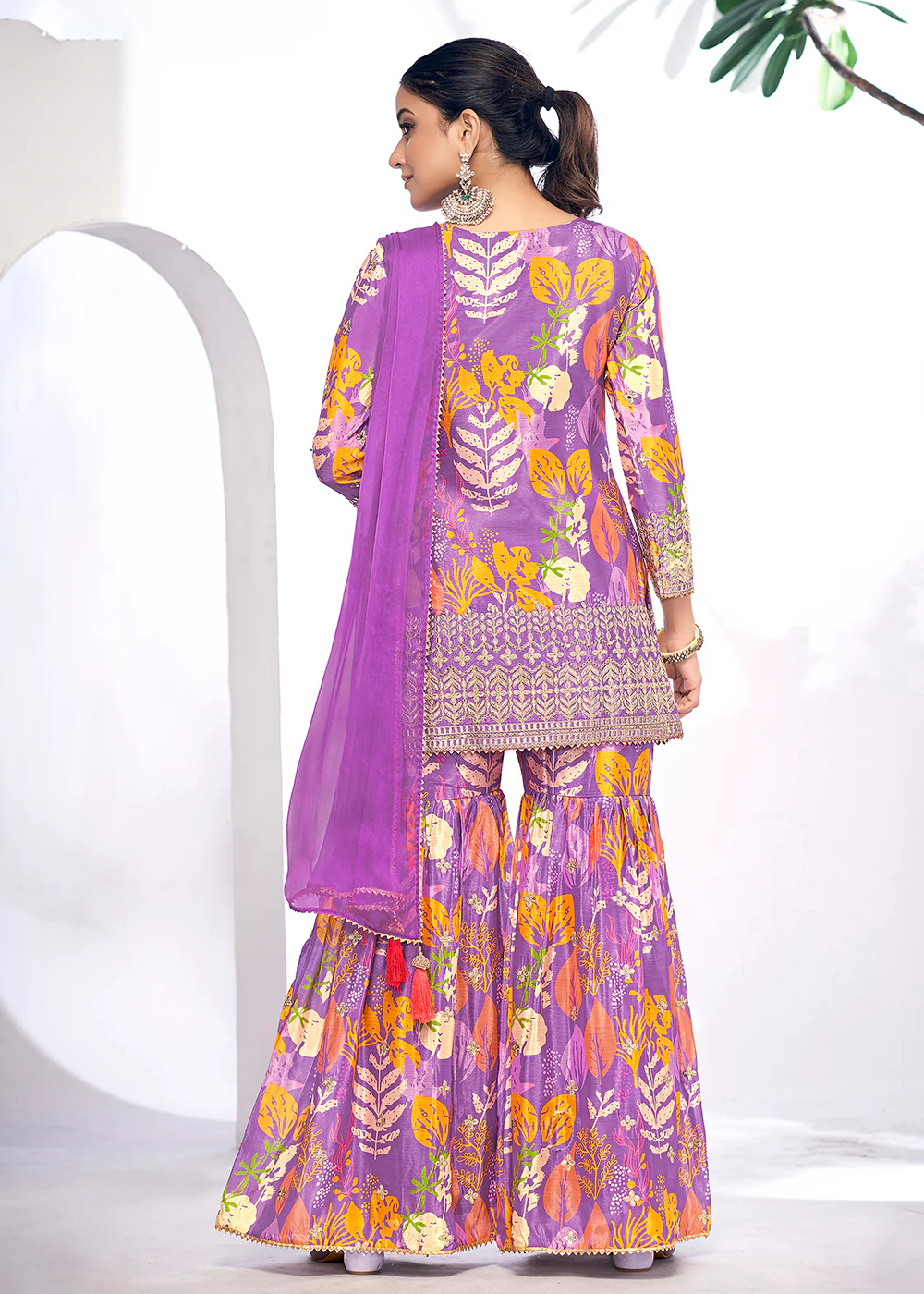 Purple Embroidered & Printed Festive Gharara Suit - Image 3