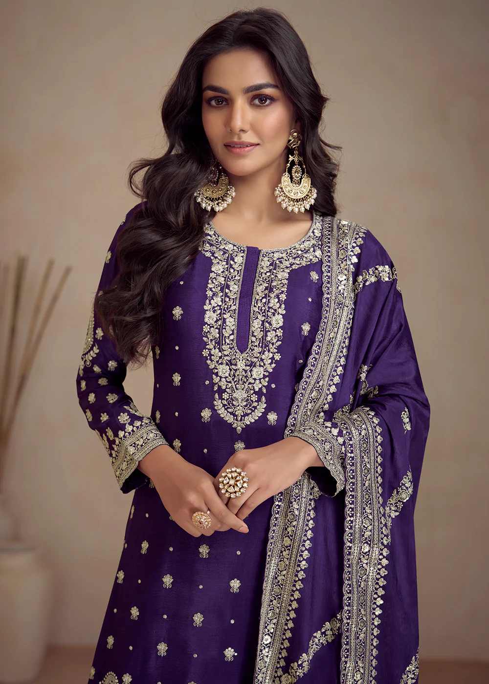 Purple Embroidered Real Chinnon Designer Palazzo Suit - Image 2