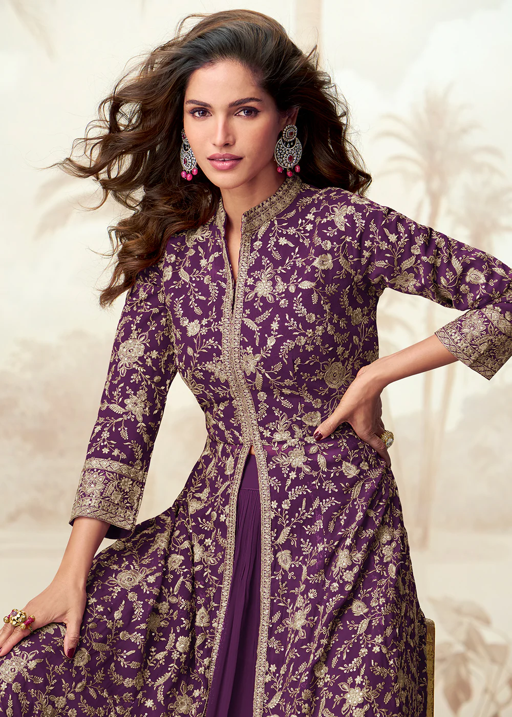 Purple Embroidered Slit Georgette Skirt Style Anakali Suit - Image 2