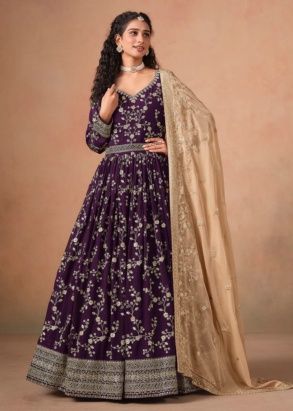 Purple Embroidered Wedding Anarkali Style Gown