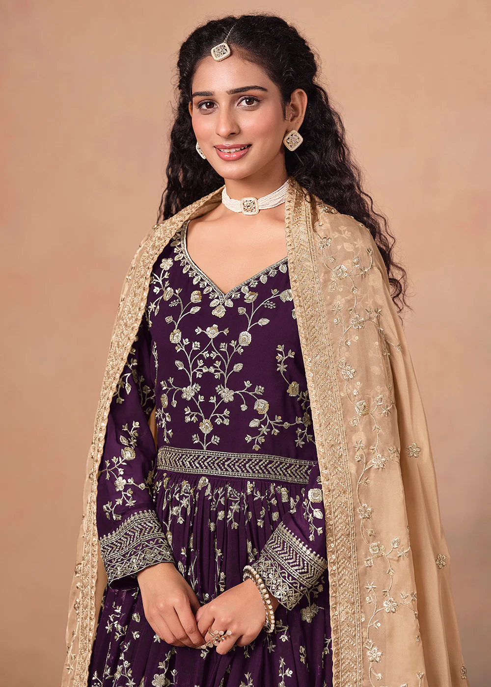 Purple Embroidered Wedding Anarkali Style Gown - Image 2