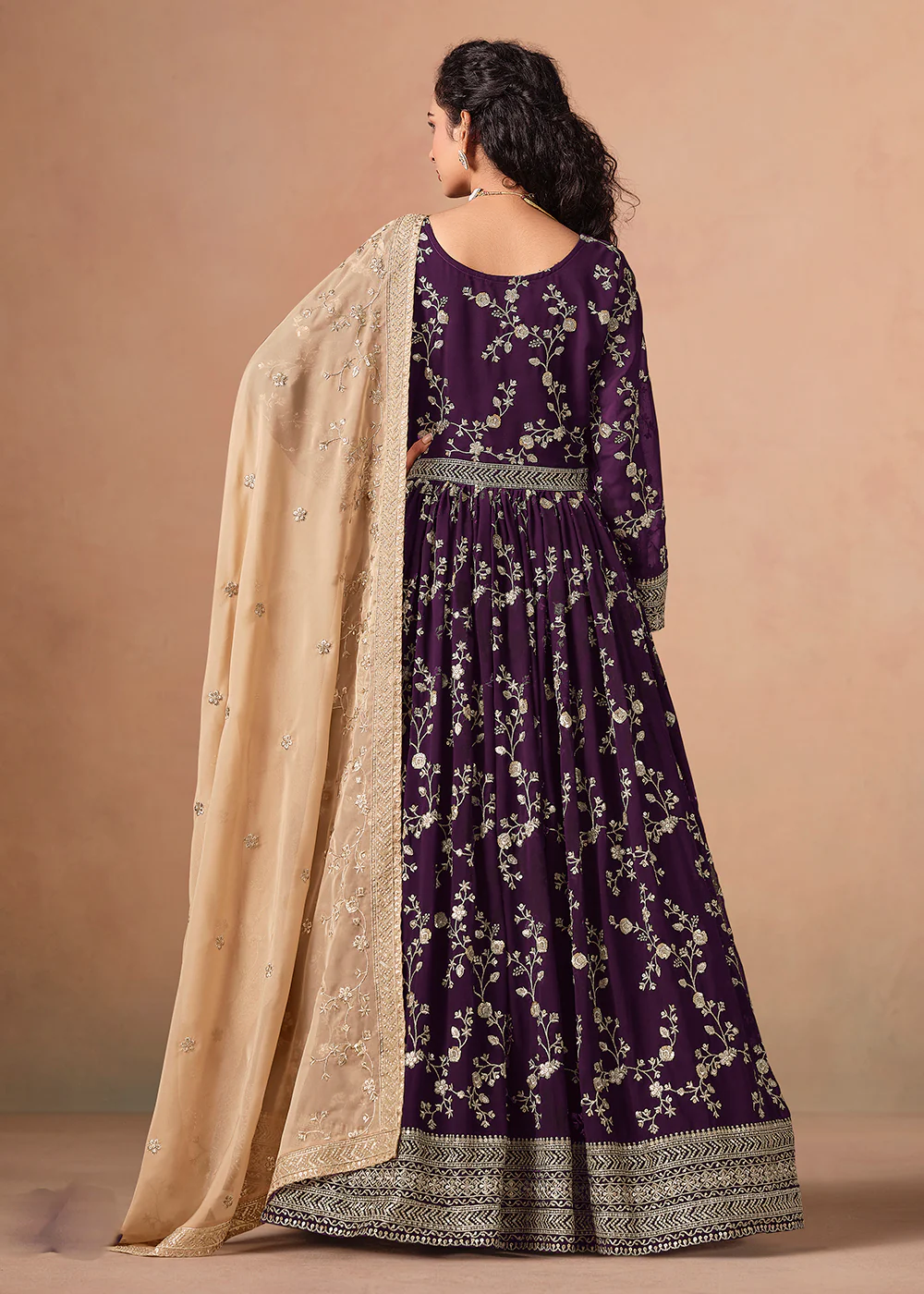 Purple Embroidered Wedding Anarkali Style Gown - Image 3