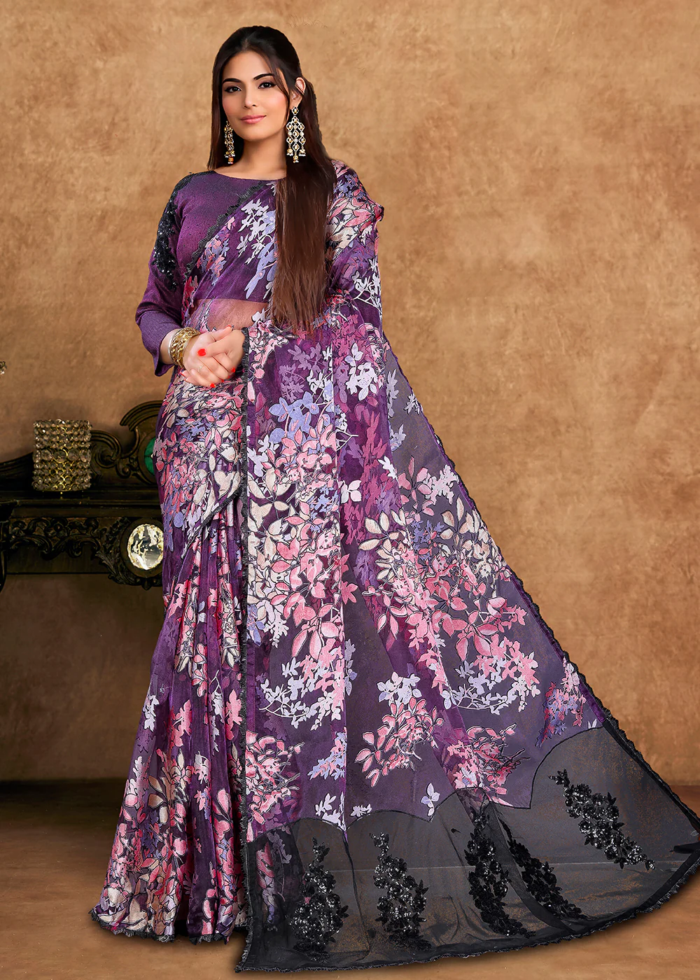 Purple Embroidered Wedding Festive Wear Saree