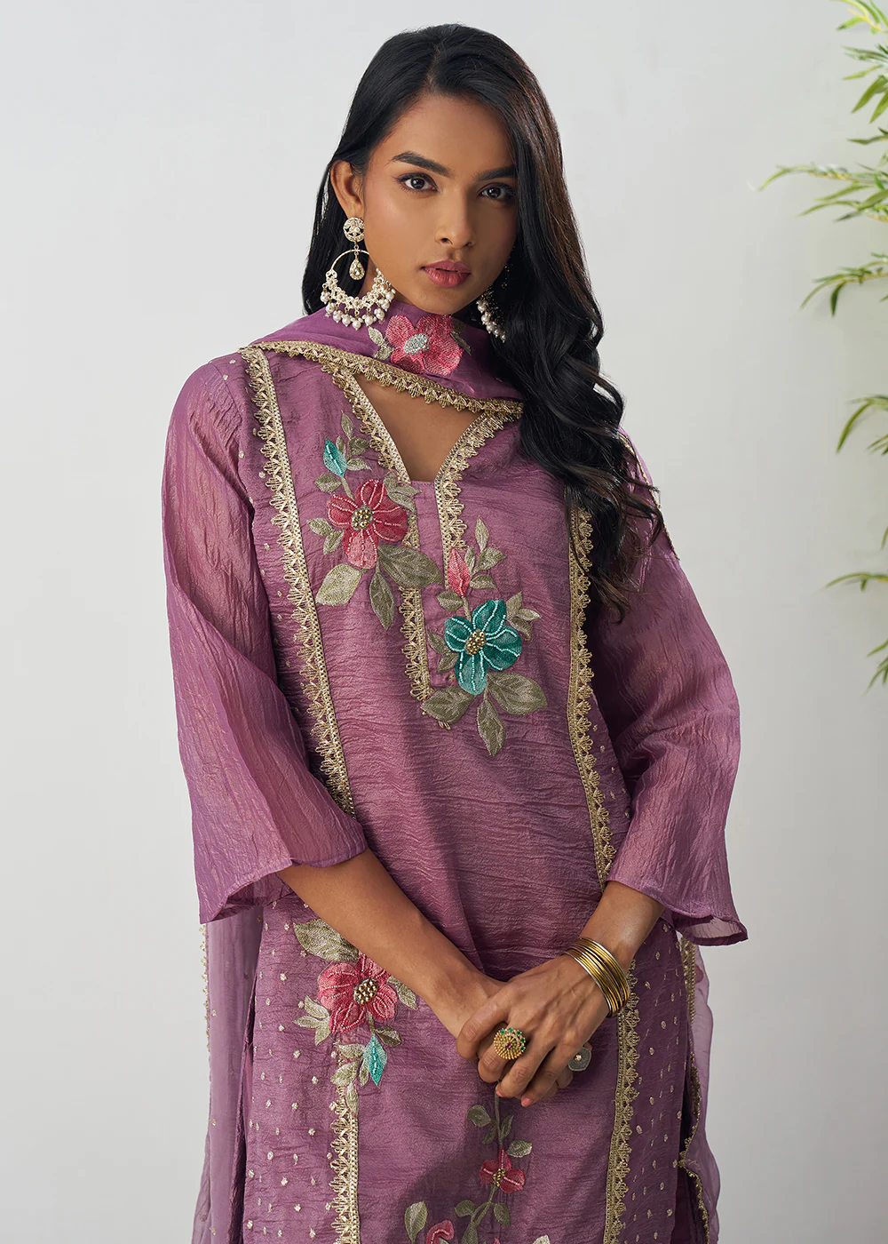 Purple Fancy Crush Floral Straight Salwar Suit - Image 2