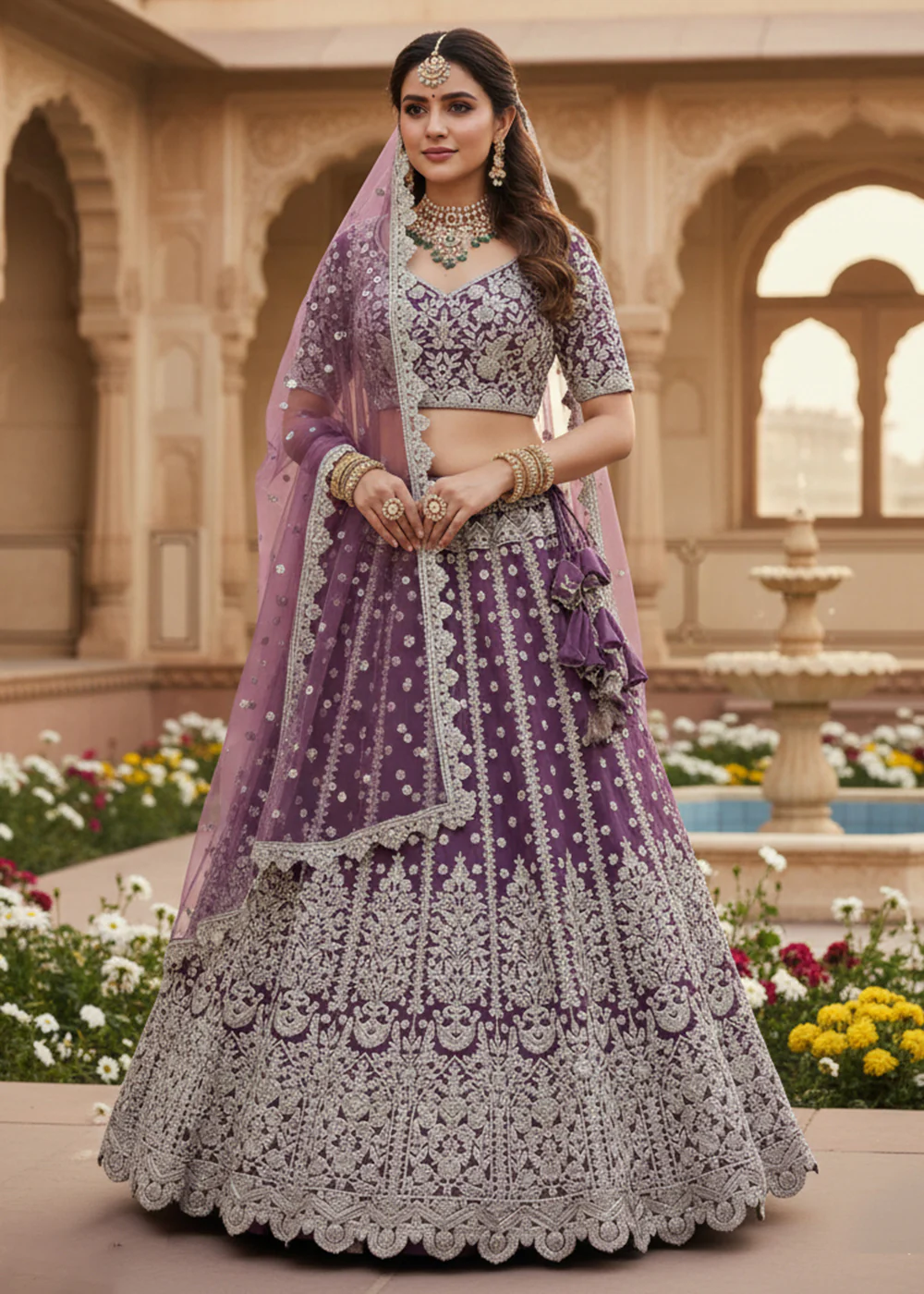Purple Fancy Dori & Sequins Net Wedding Lehenga Choli