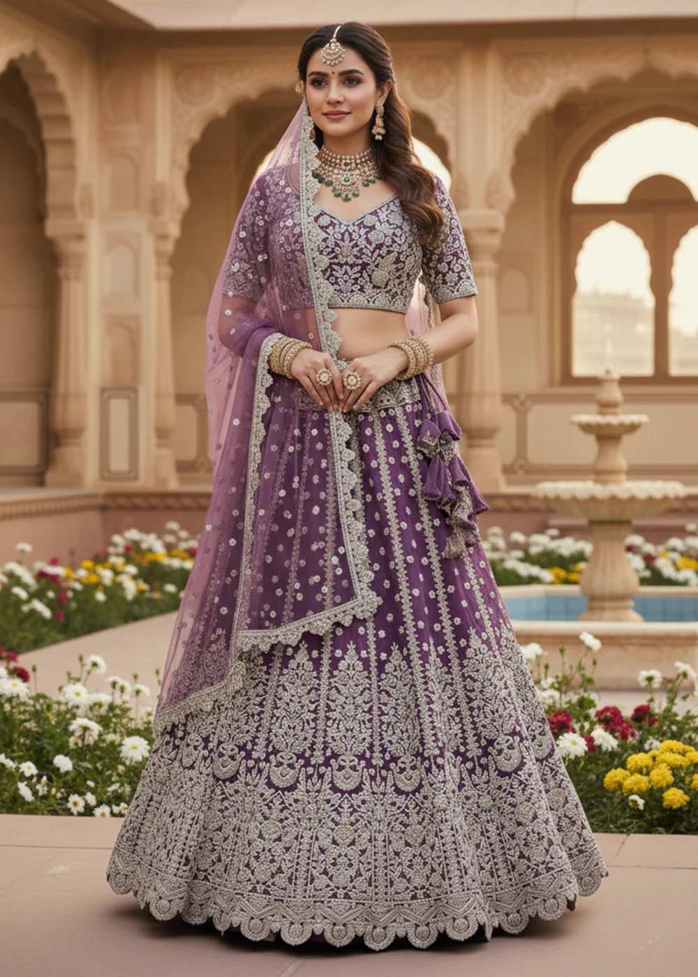 Purple Fancy Dori & Sequins Net Wedding Lehenga Choli - Image 2