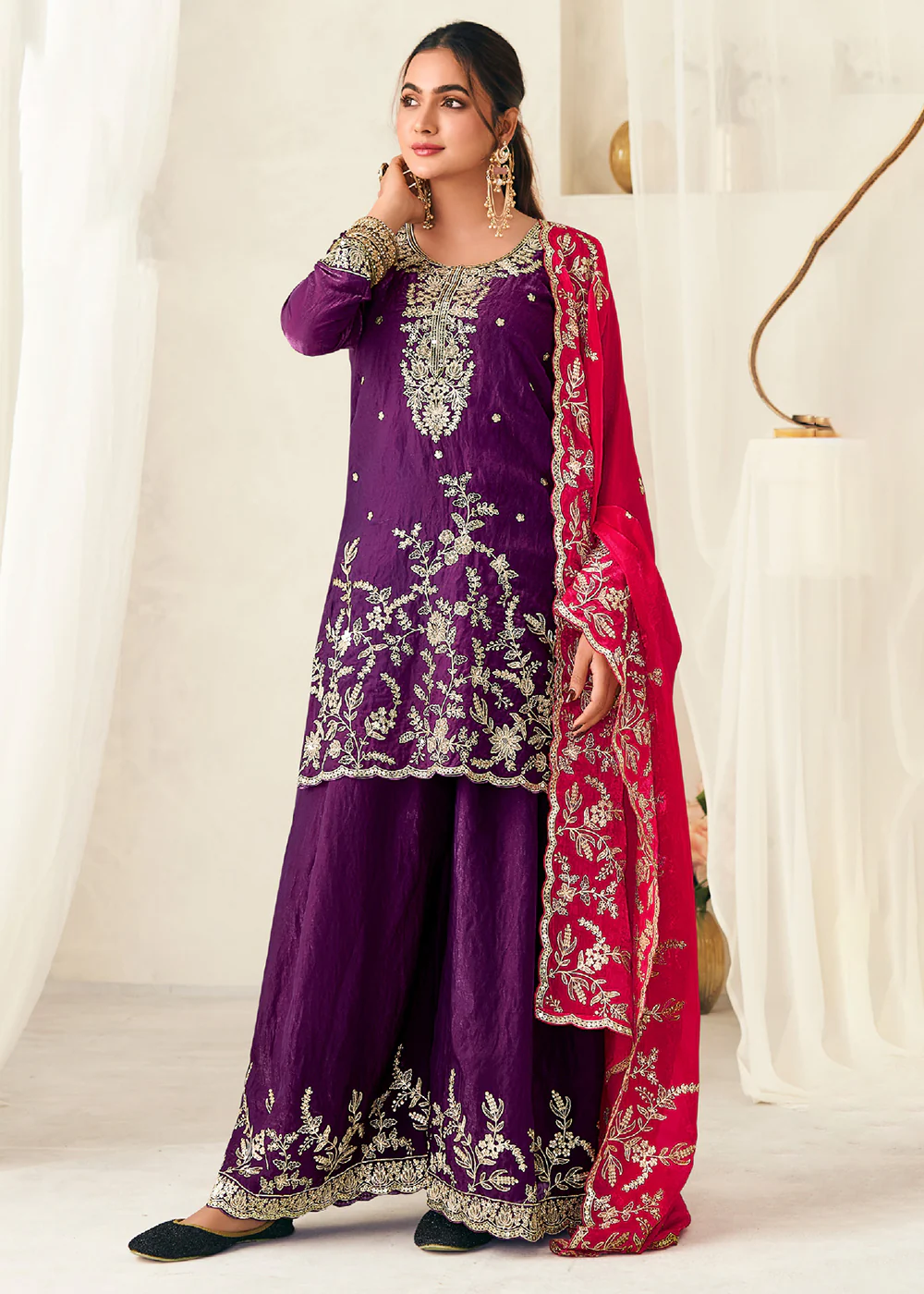 Purple Fendy Silk Zarkan Work Festive Palazzo Suit