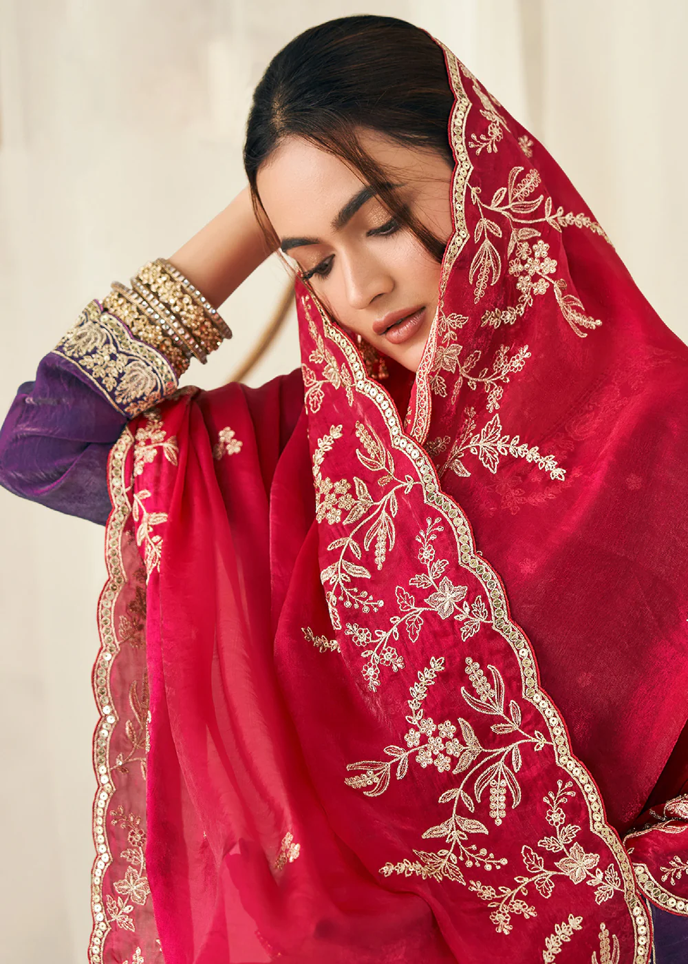 Purple Fendy Silk Zarkan Work Festive Palazzo Suit - Image 2