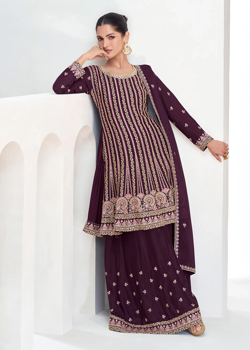 Purple Festive Style Embroidered Trendy Gharara Suit - Image 3