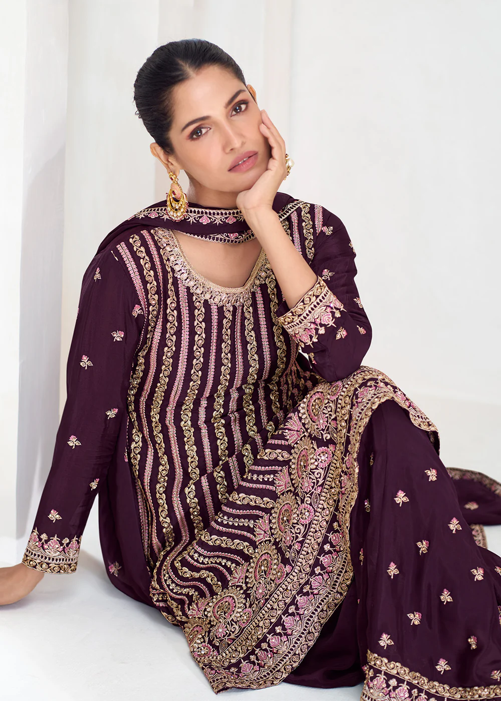 Purple Festive Style Embroidered Trendy Gharara Suit - Image 4
