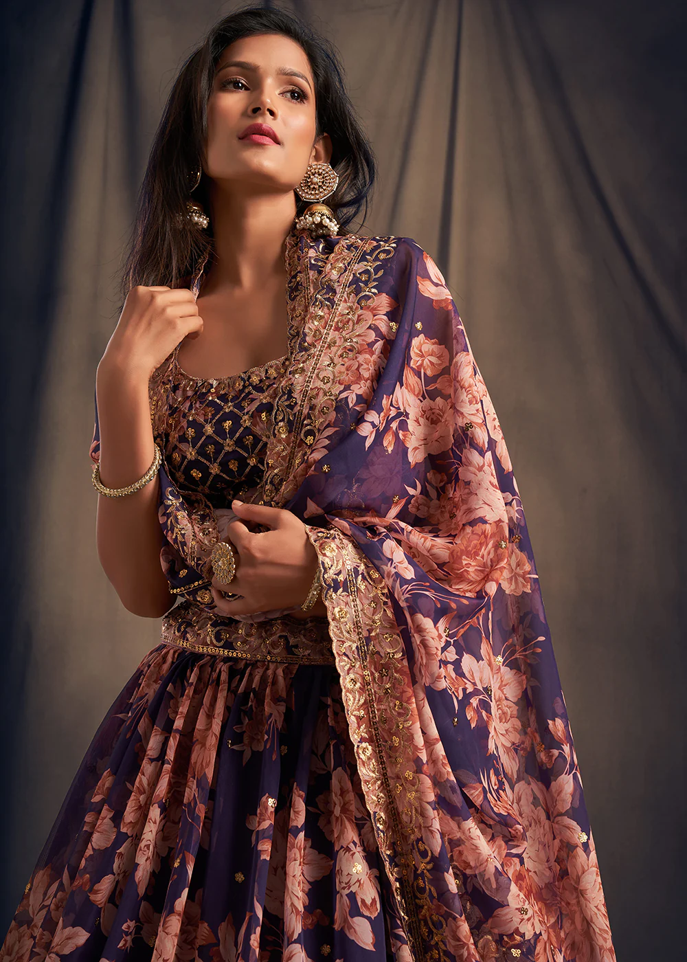 Purple Floral Embroidered Organza Wedding Lehenga Choli - Image 2