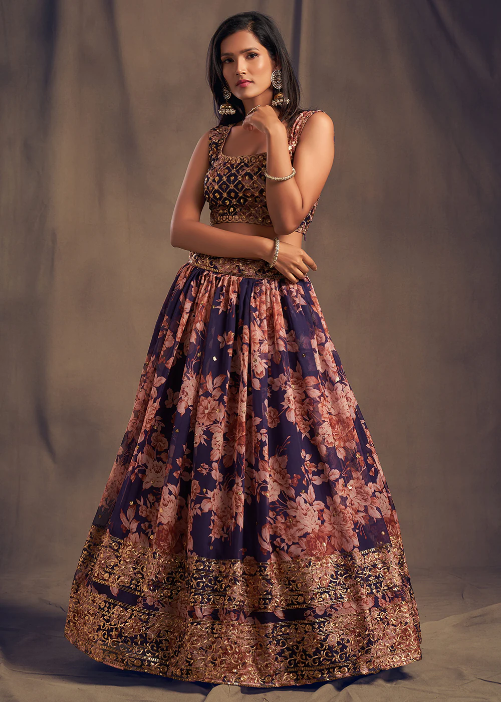 Purple Floral Embroidered Organza Wedding Lehenga Choli - Image 5
