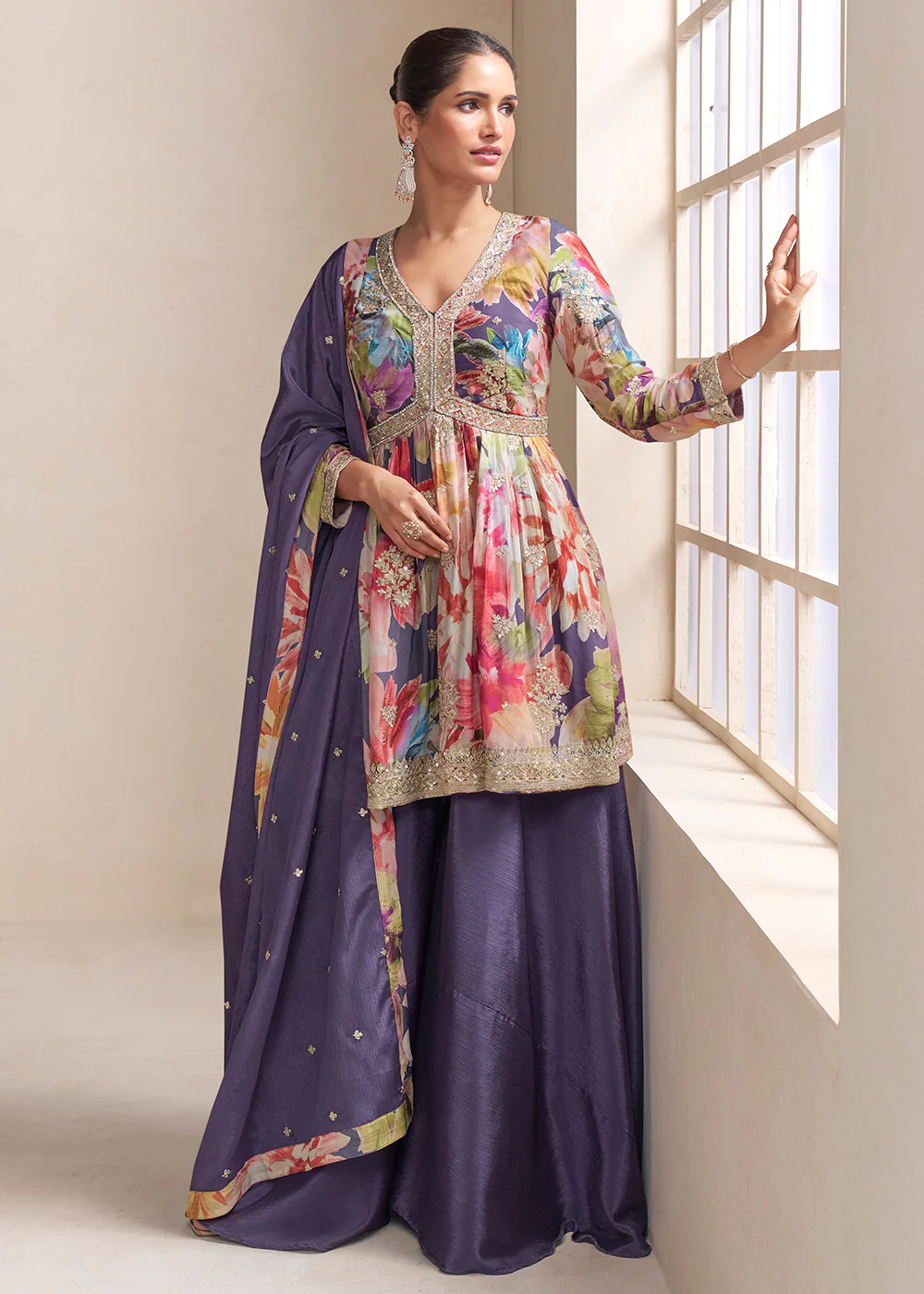 Purple Floral Printed & Embroidered Festive Palazzo Dress