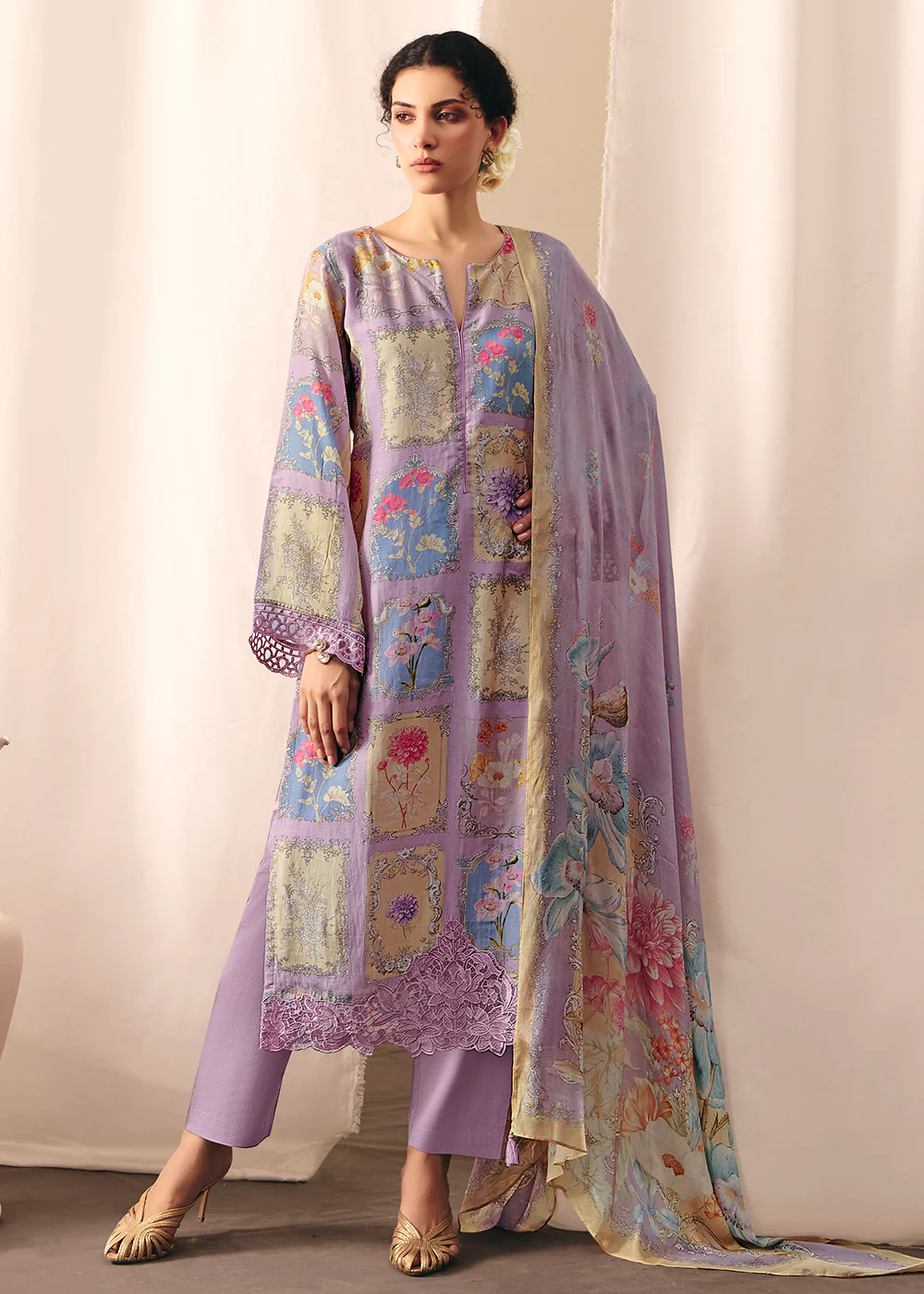 Purple Floral Printed Muslin Pant Style Salwar Suit