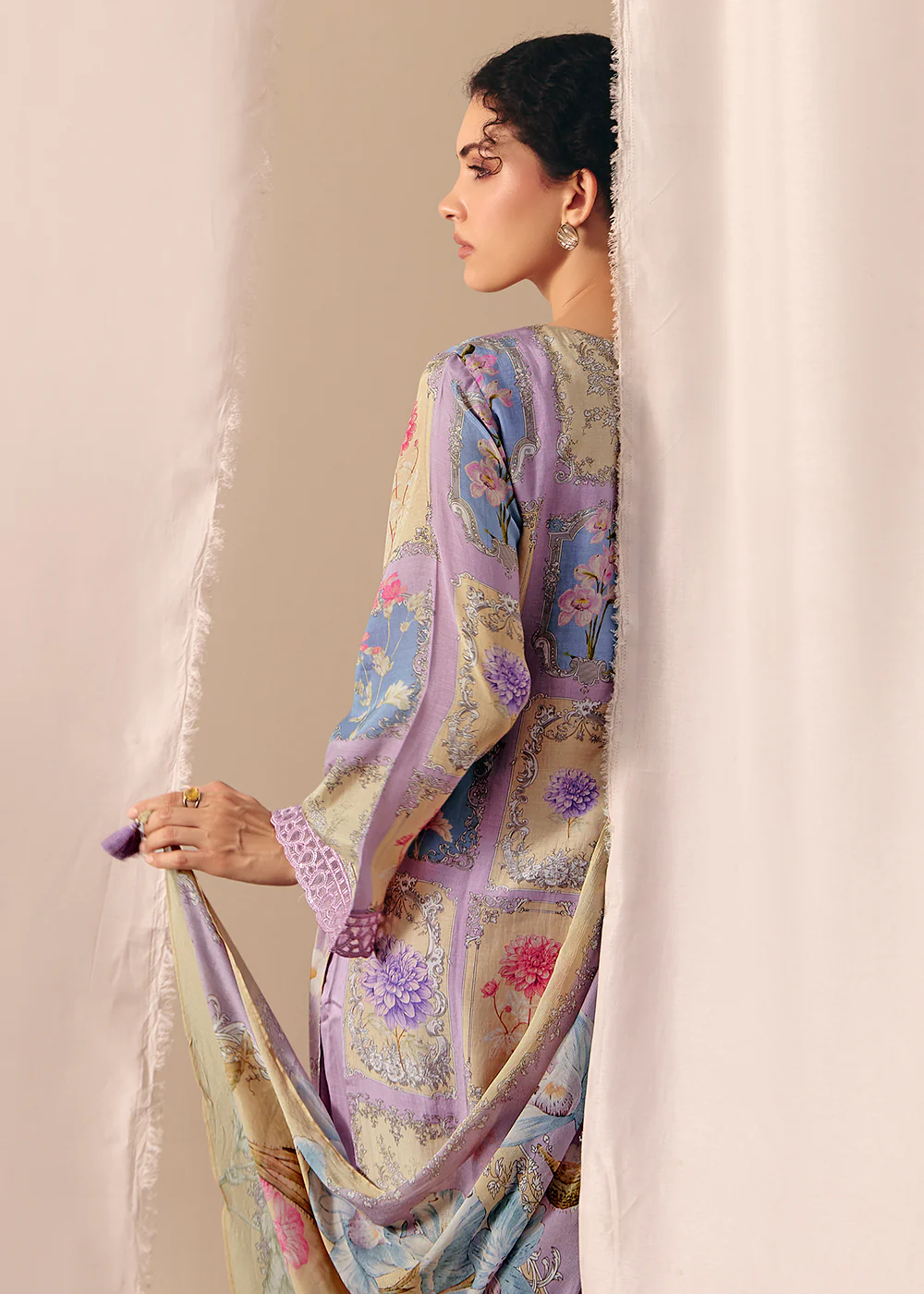 Purple Floral Printed Muslin Pant Style Salwar Suit - Image 2