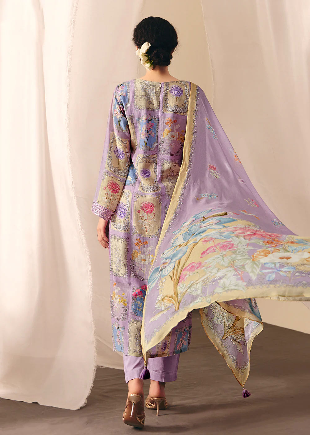 Purple Floral Printed Muslin Pant Style Salwar Suit - Image 3