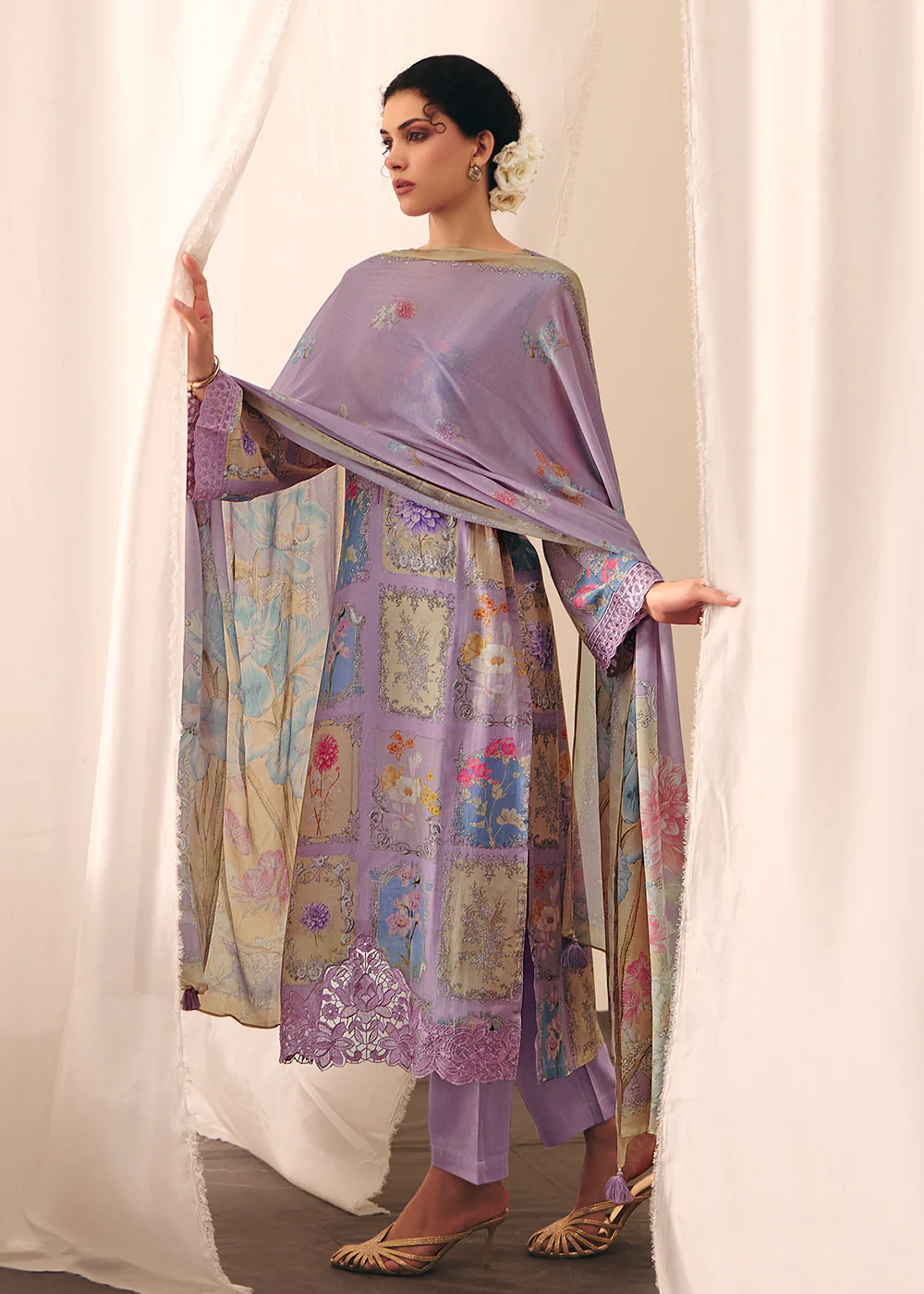 Purple Floral Printed Muslin Pant Style Salwar Suit - Image 4