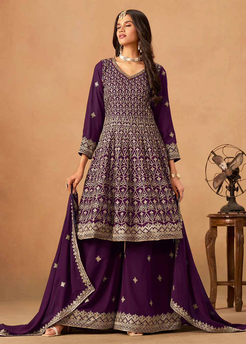 Purple Front & Back Embroidered Palazzo Style Suit