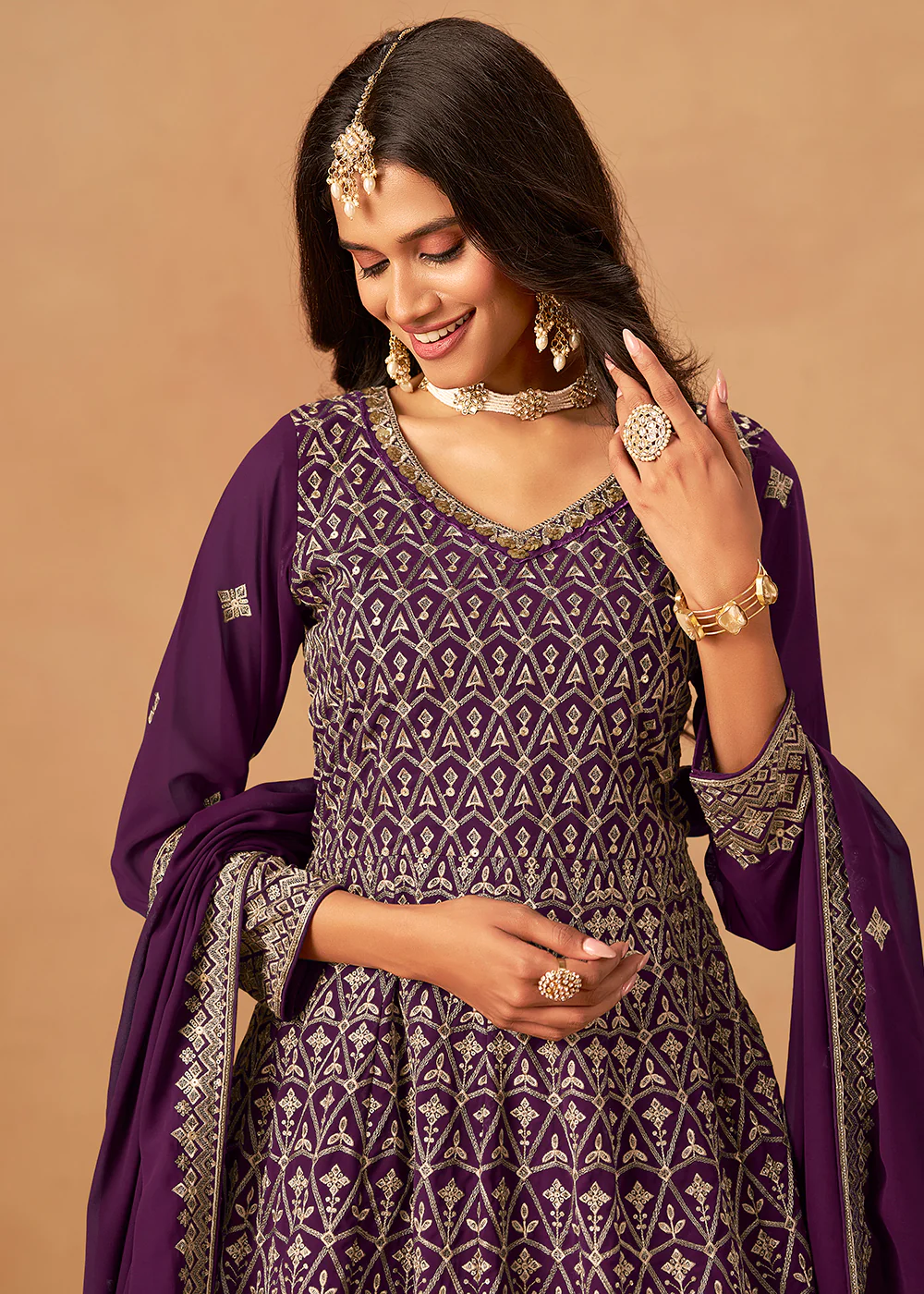 Purple Front & Back Embroidered Palazzo Style Suit - Image 2