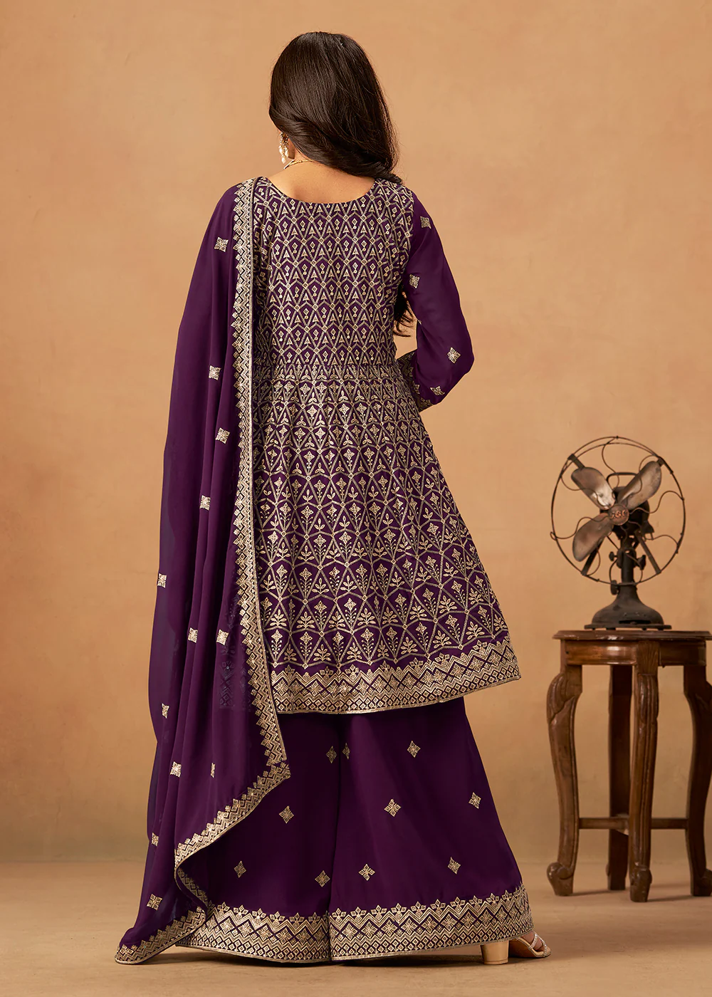Purple Front & Back Embroidered Palazzo Style Suit - Image 3