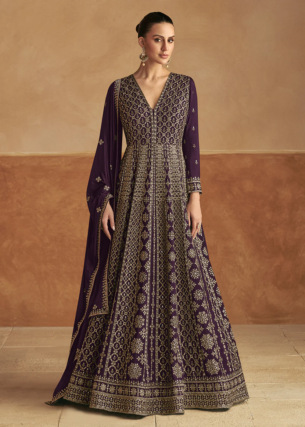 Purple Front & Back Embroidery Wedding Anarkali Suit