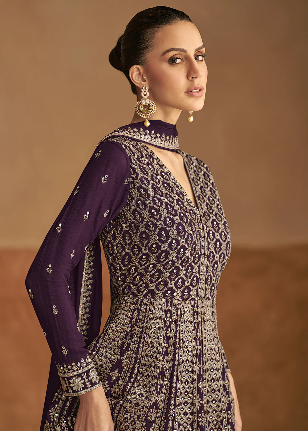 Purple Front & Back Embroidery Wedding Anarkali Suit - Image 2