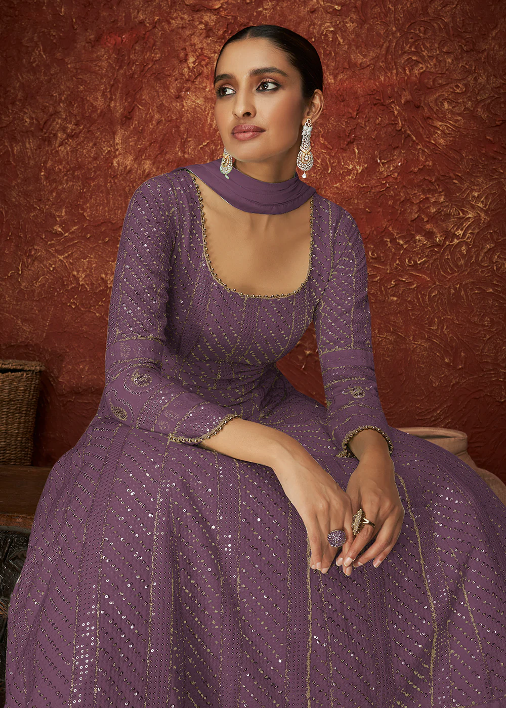 Purple Georgette Long Embroidered Anarkali Suit - Image 2