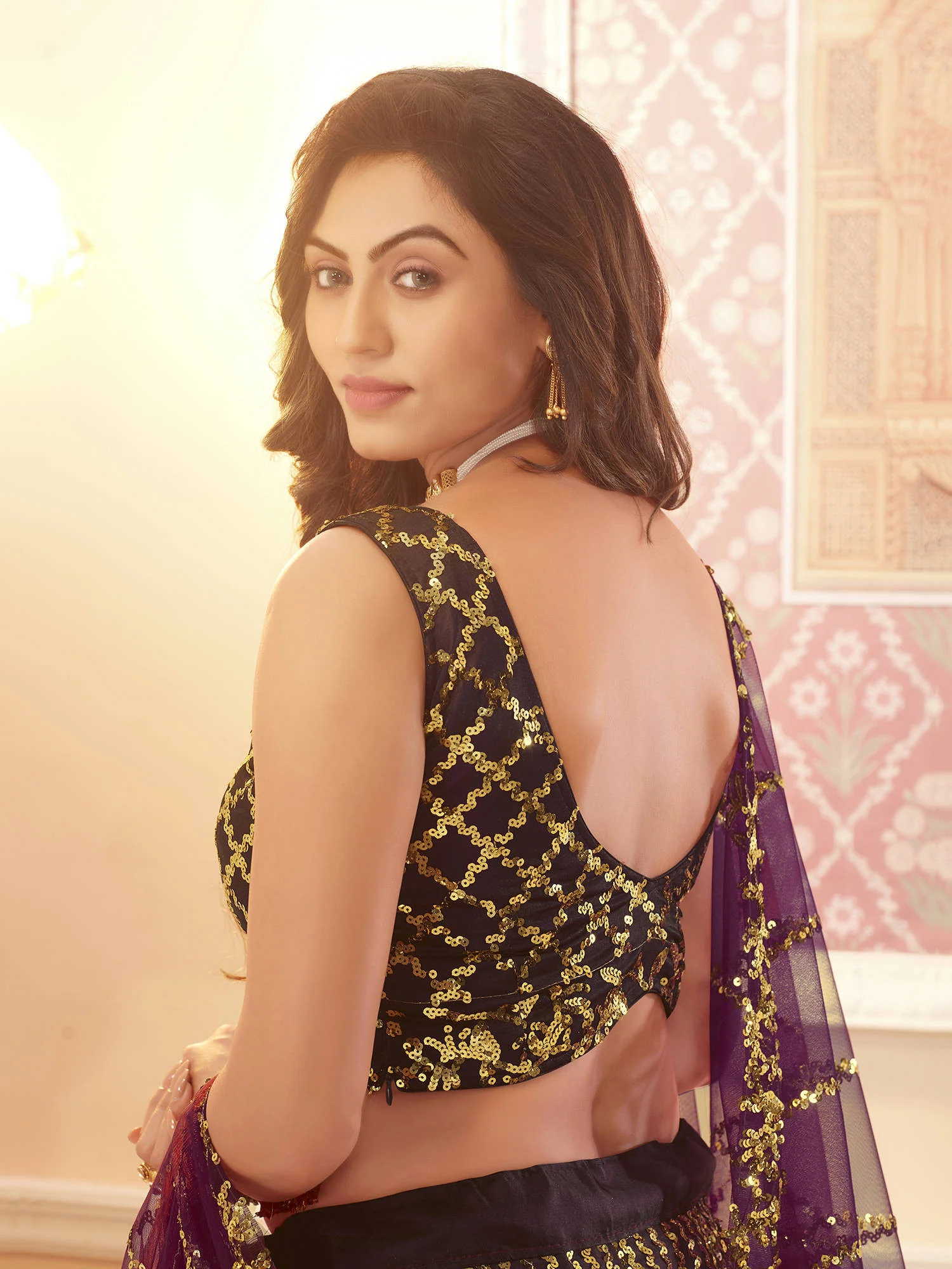 Purple & Golden Sequins Embroidered Wedding Lehenga Choli - Image 2