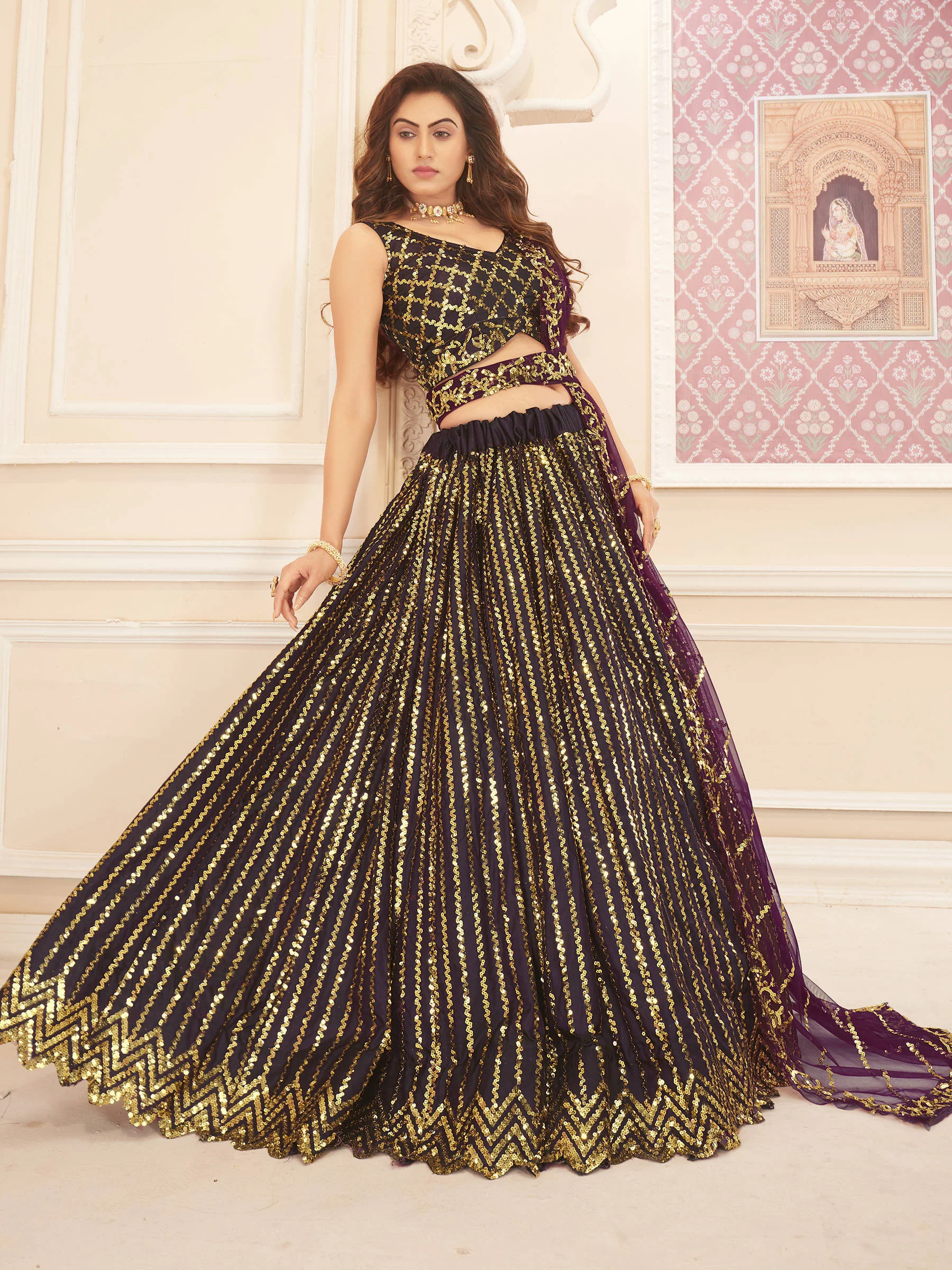Purple & Golden Sequins Embroidered Wedding Lehenga Choli - Image 3