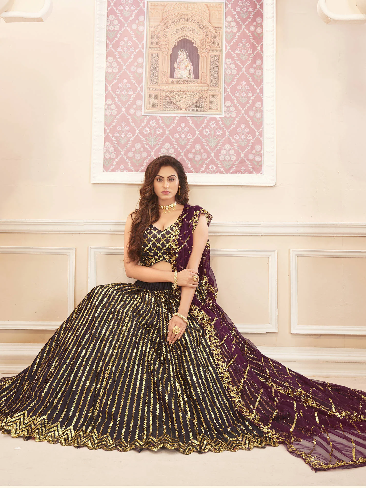 Purple & Golden Sequins Embroidered Wedding Lehenga Choli - Image 4