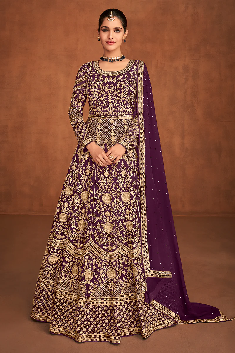 Purple Gown Style All Over Embroidered Anarkali Suit