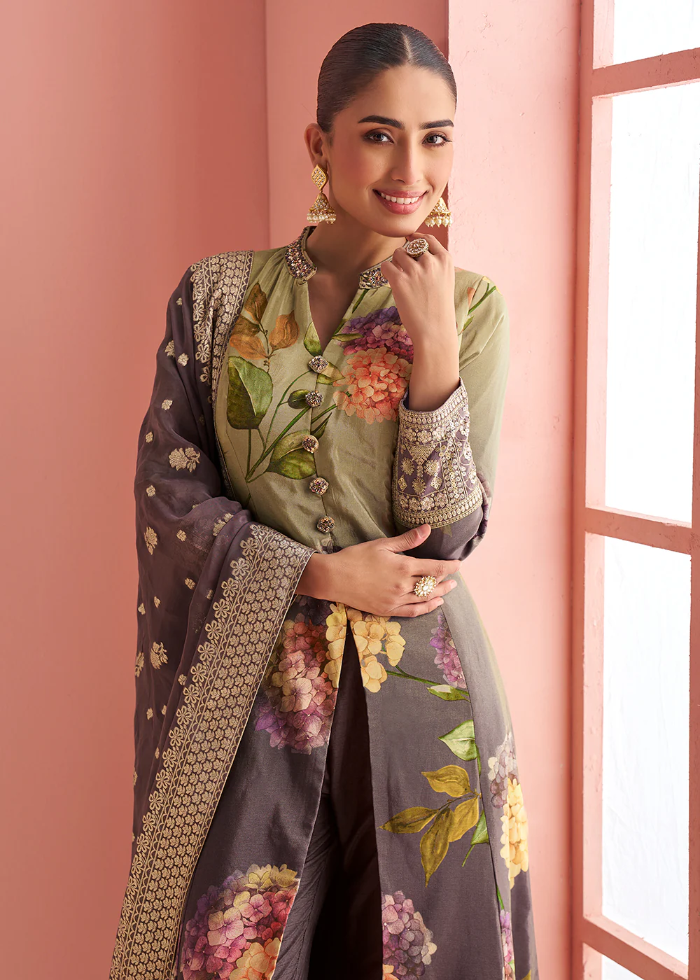 Purple & Green Floral Front Cut Festive Pant Style Suit - Image 2