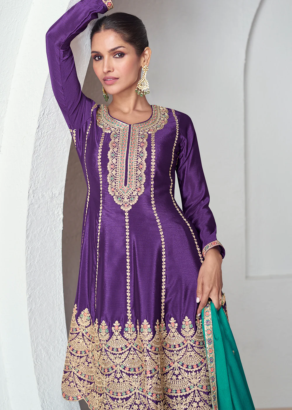 Purple & Green Premium Chinnon Silk Palazzo Suit - Image 2