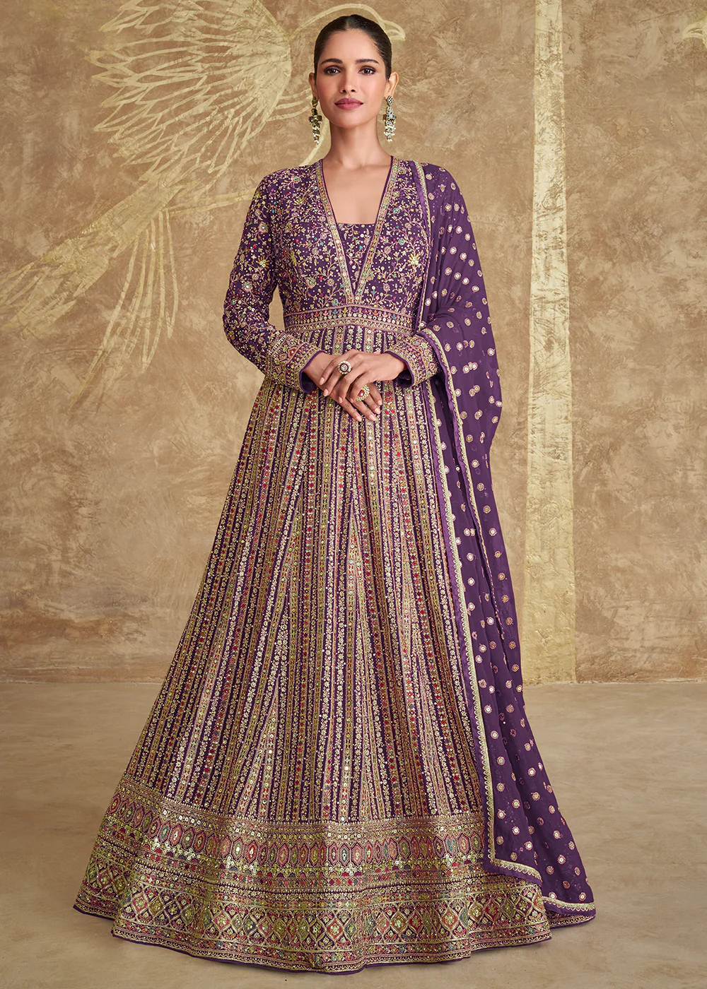 Purple Heavy Embroidered Georgette Wedding Anarkali Gown